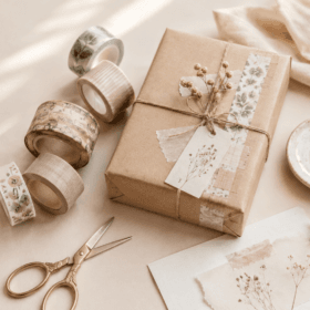 Hediye paketi üzerinde dekoratif washi tape kullanımı