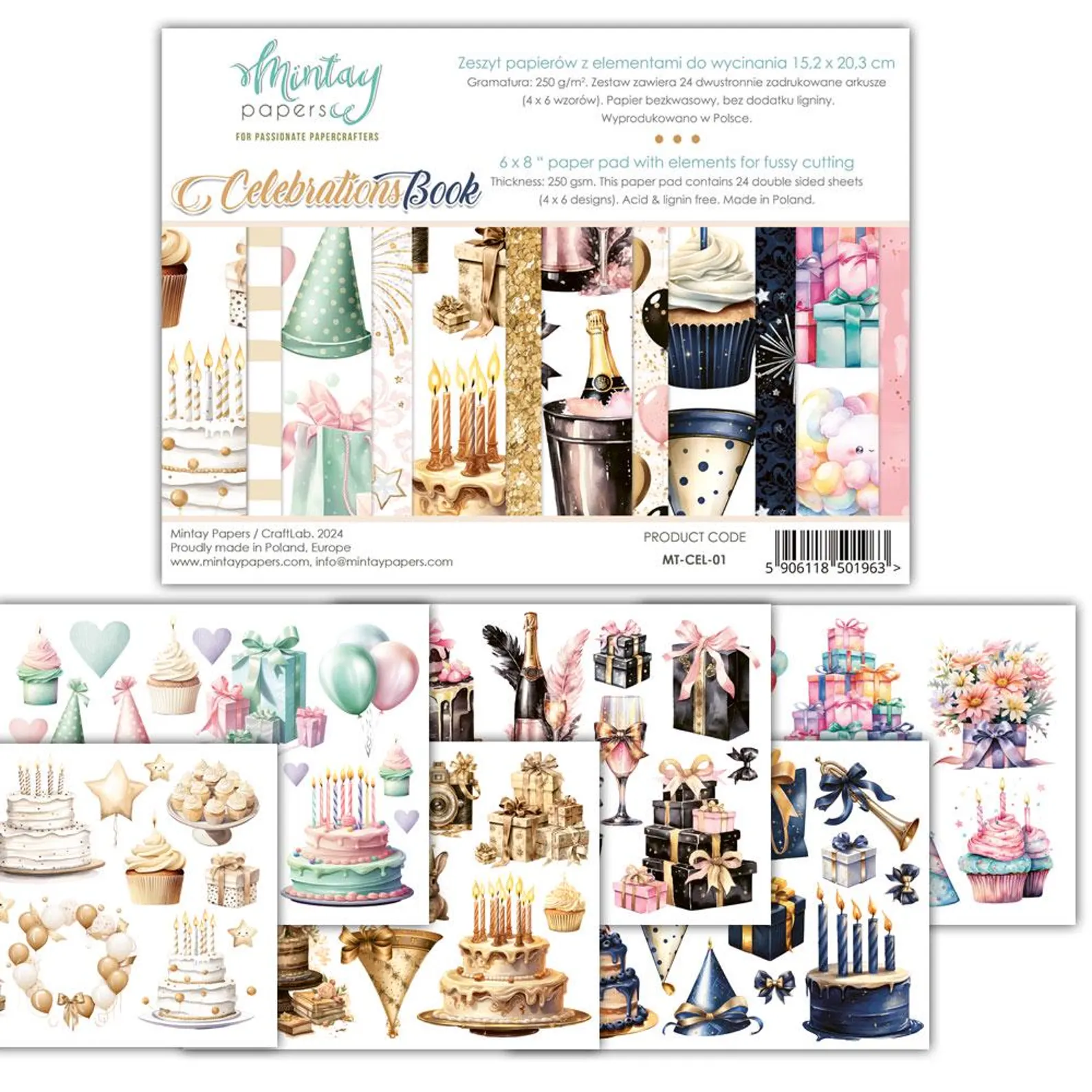 Mintay Papers, 6 x 8 Paper pad with elements for fussy cutting, Celebrations Book